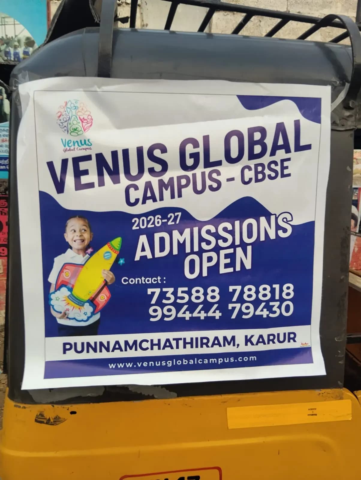 Venus Global Campus admissions ad on auto-rickshaw back panel