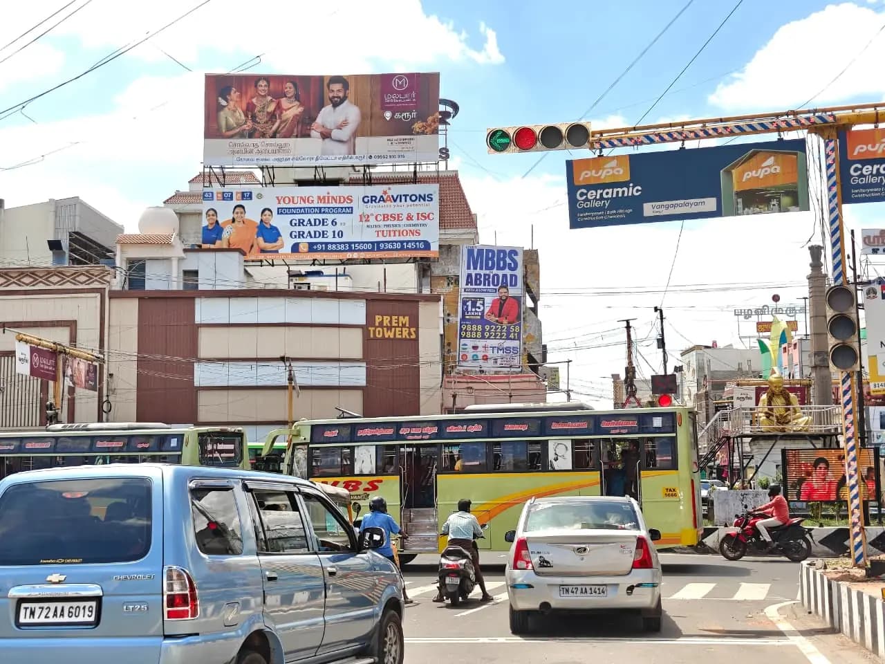 Cluster of rooftop hoardings at busy traffic junction