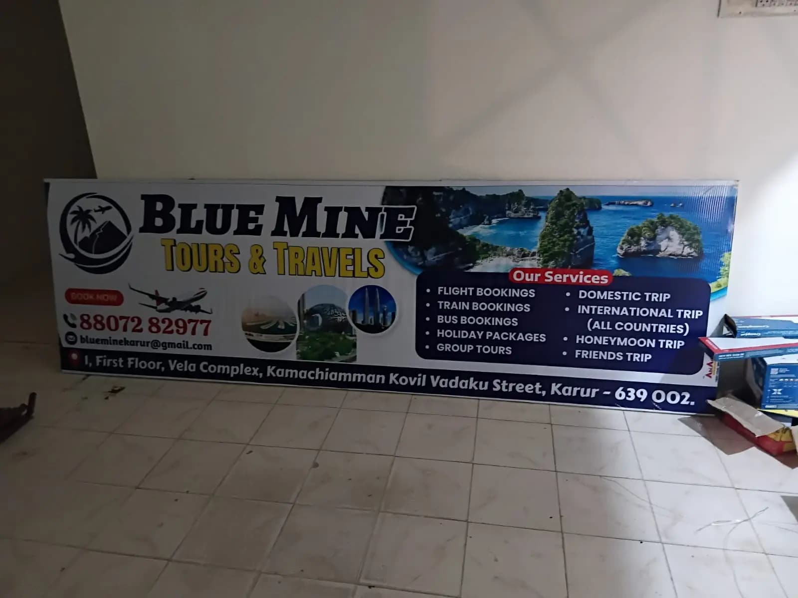 Blue Mine Tours & Travels flex board before installation